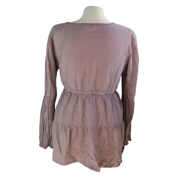 LUCKY BRAND || Y2K Peasant Front Tie Flowy Boho Blouse Embroidered Earl Grey M - Picture 2 of 7